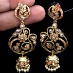 JHUMKA STYLE INDIAN WEDDING KUNDAN POLKI WORK IN ROSE GOLD ALLOY EARRING