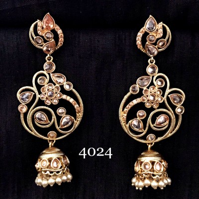 JHUMKA STYLE INDIAN WEDDING KUNDAN POLKI WORK IN ROSE GOLD ALLOY EARRING