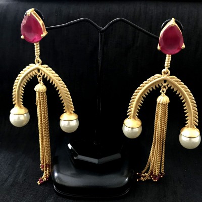 VERY STYLISH GOLDEN CURVE LONG EARRING WITH HANGING CHAIN AND RUBY PEAR 