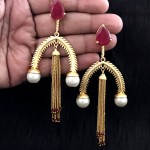 VERY STYLISH GOLDEN CURVE LONG EARRING WITH HANGING CHAIN AND RUBY PEAR 