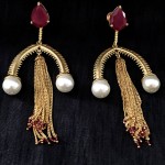 VERY STYLISH GOLDEN CURVE LONG EARRING WITH HANGING CHAIN AND RUBY PEAR 
