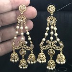 GOLD ALLOY PLATTED LONG JHUMKA IN CHAIN WITH PEARLS EARRING 