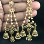 GOLD ALLOY PLATTED LONG JHUMKA IN CHAIN WITH PEARLS EARRING 