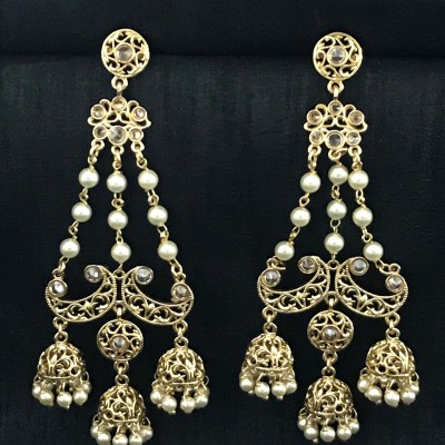 GOLD ALLOY PLATTED LONG JHUMKA IN CHAIN WITH PEARLS EARRING 