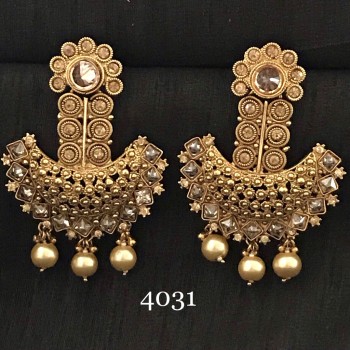 YELLOW GOLDEN WORK WITH CHAMPAGNE STONE AND PEARLS WEDDING EARRING