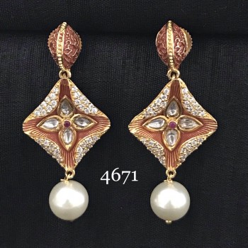 Designer Mint Ear Ring with American Diamond and Pearl