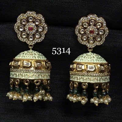 FLORAL MINT JHUMKA DESIGNER EARRING WITH KUNDAN WORK