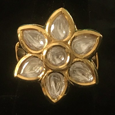White Golden Floral Kundan Ring
