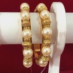 Round Etched Gold Tone with White Glass Pearls Bangles