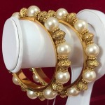 Round Etched Gold Tone with White Glass Pearls Bangles