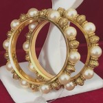 Round Etched Gold Tone with White Glass Pearls Bangles