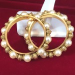 Round Etched Gold Tone with White Glass Pearls Bangles